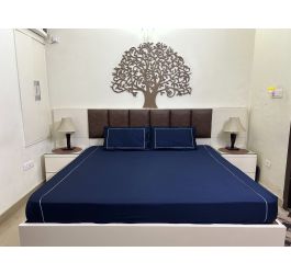 Well Being King Size Cotton All Over Elastic Fitted Double Bed Sheet With Two Pillow Covers - NAVY BLUE